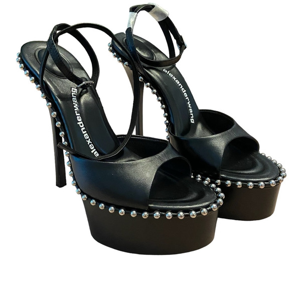 Alexander Wang Nova 145 Platform Sandals Studded Ankle Strap Leather Black Sz 38 - Picture 1 of 13